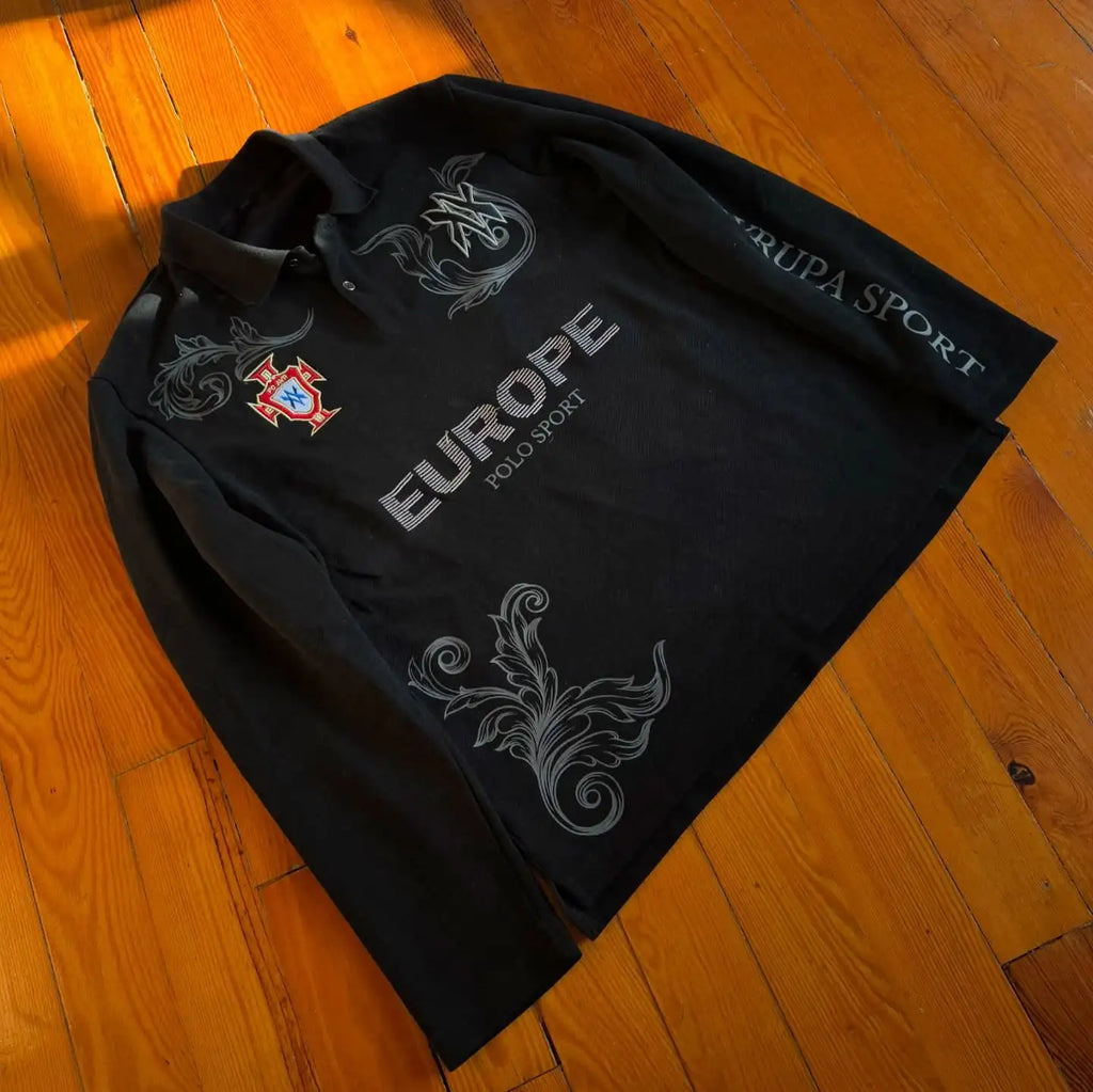 Retro Long Sleeve Polo Shirt Y2k Casual Loose Letter Pattern Embroidery T Shirts Street Sweatshirt Men Cotton Jersey Lapel Golf