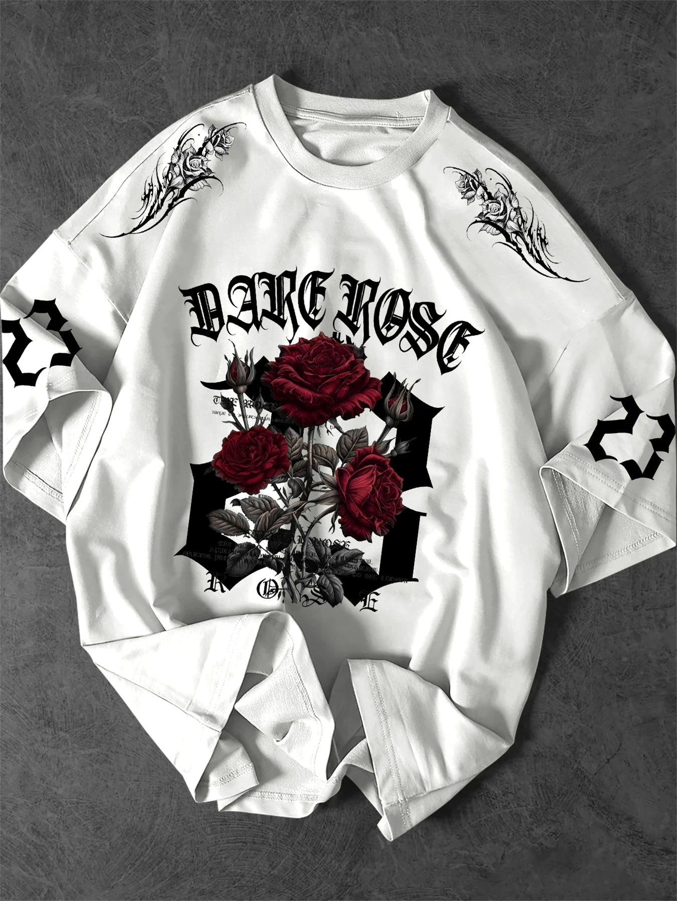 Dark Rose 23 Graphic T-Shirt Men Gothic Streetwear Crew Neck Short Sleeve Polyester Tops with Red Rose Bouquet Print S-2XL