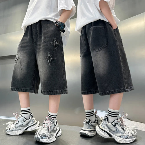 2025 Summer New Arrival Fashion Boys Denim Shorts with Star Pattern Children's Casual Cropped Jeans Pants Kids 5-14 Years Old