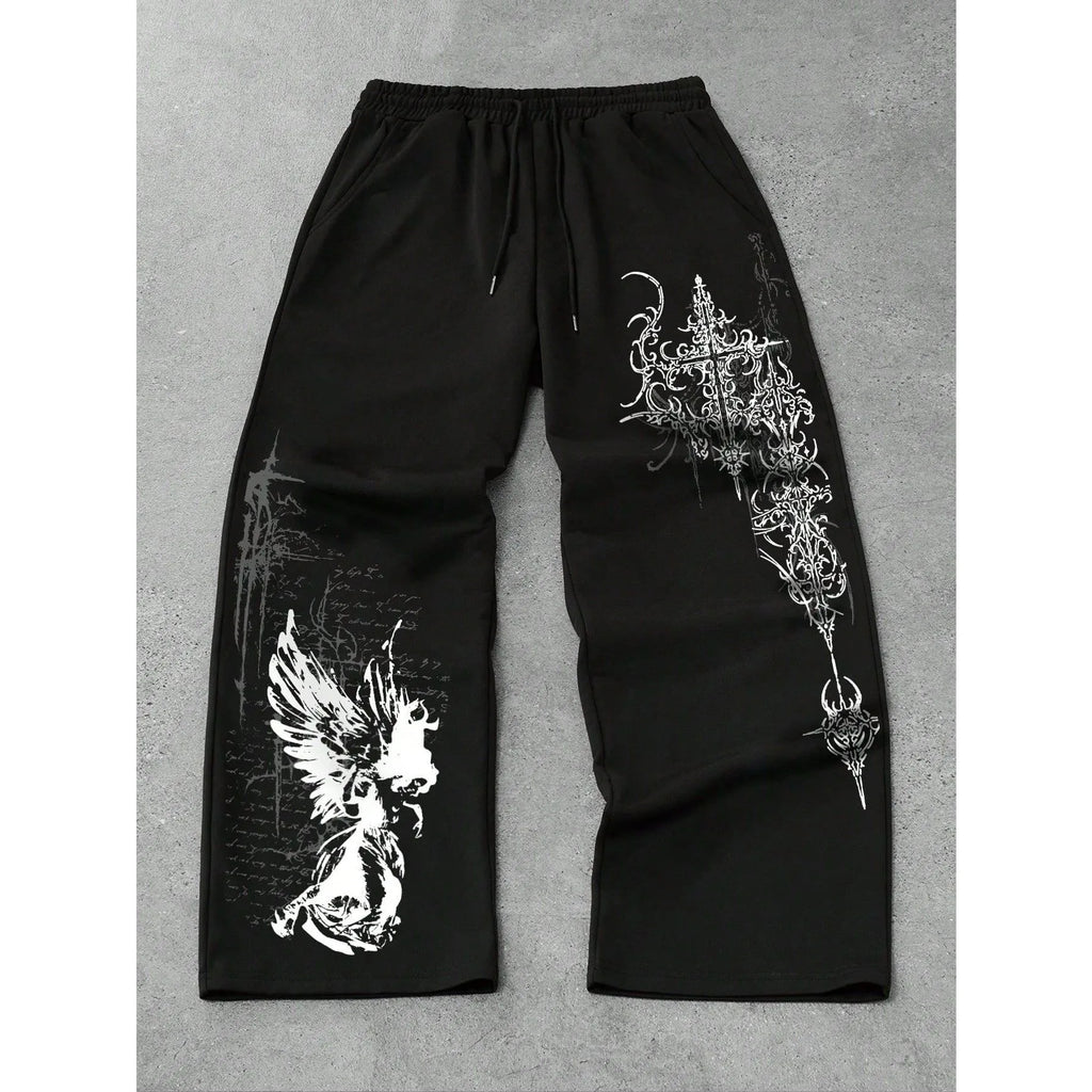 Men's and Women's Y2K Gothic Angel Print Wide Leg Sports Pants Street Wear Hip-hop Casual Drawstring Pants Harajuku Street Style