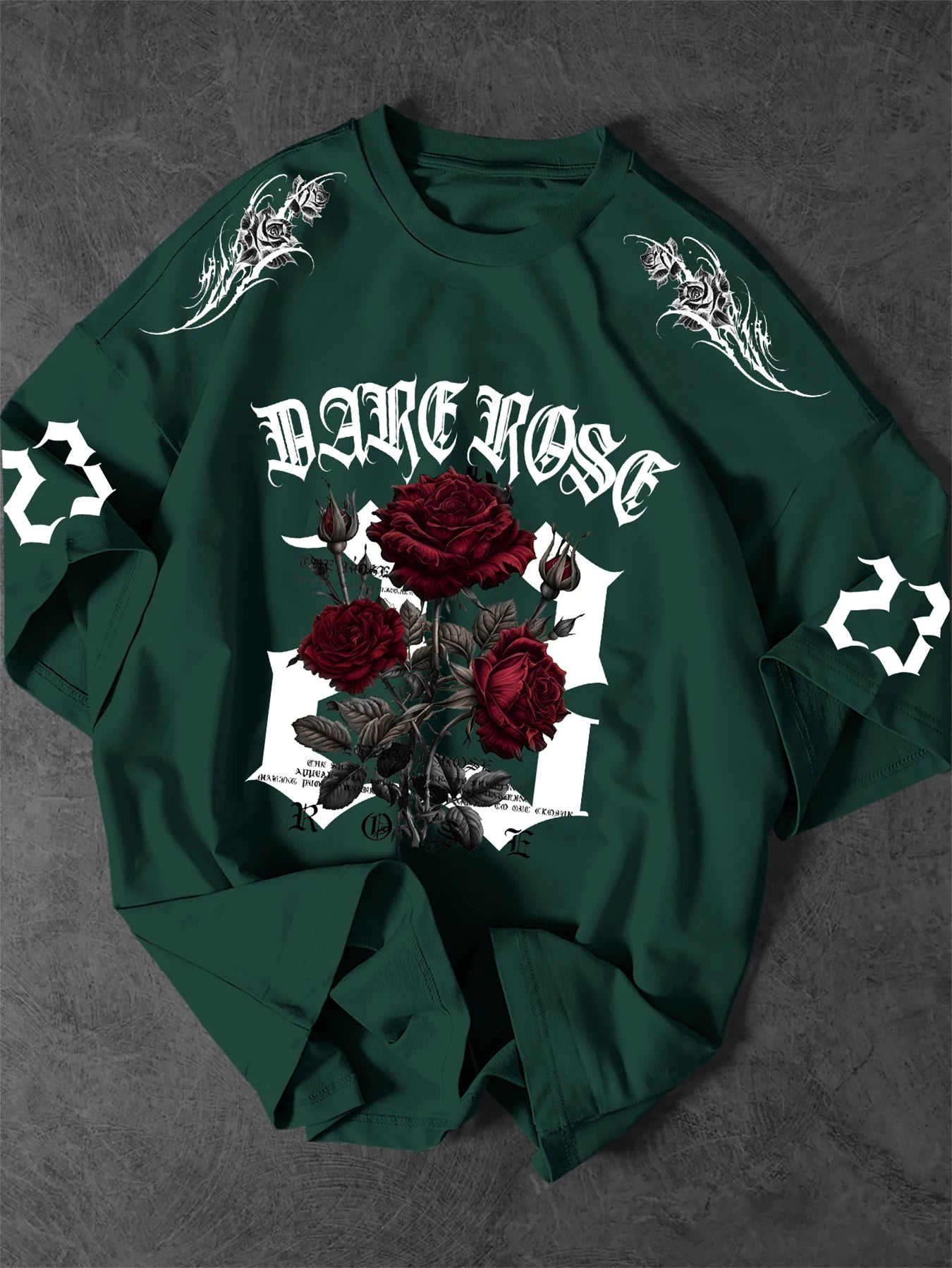 Dark Rose 23 Graphic T-Shirt Men Gothic Streetwear Crew Neck Short Sleeve Polyester Tops with Red Rose Bouquet Print S-2XL