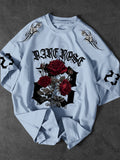 Dark Rose 23 Graphic T-Shirt Men Gothic Streetwear Crew Neck Short Sleeve Polyester Tops with Red Rose Bouquet Print S-2XL