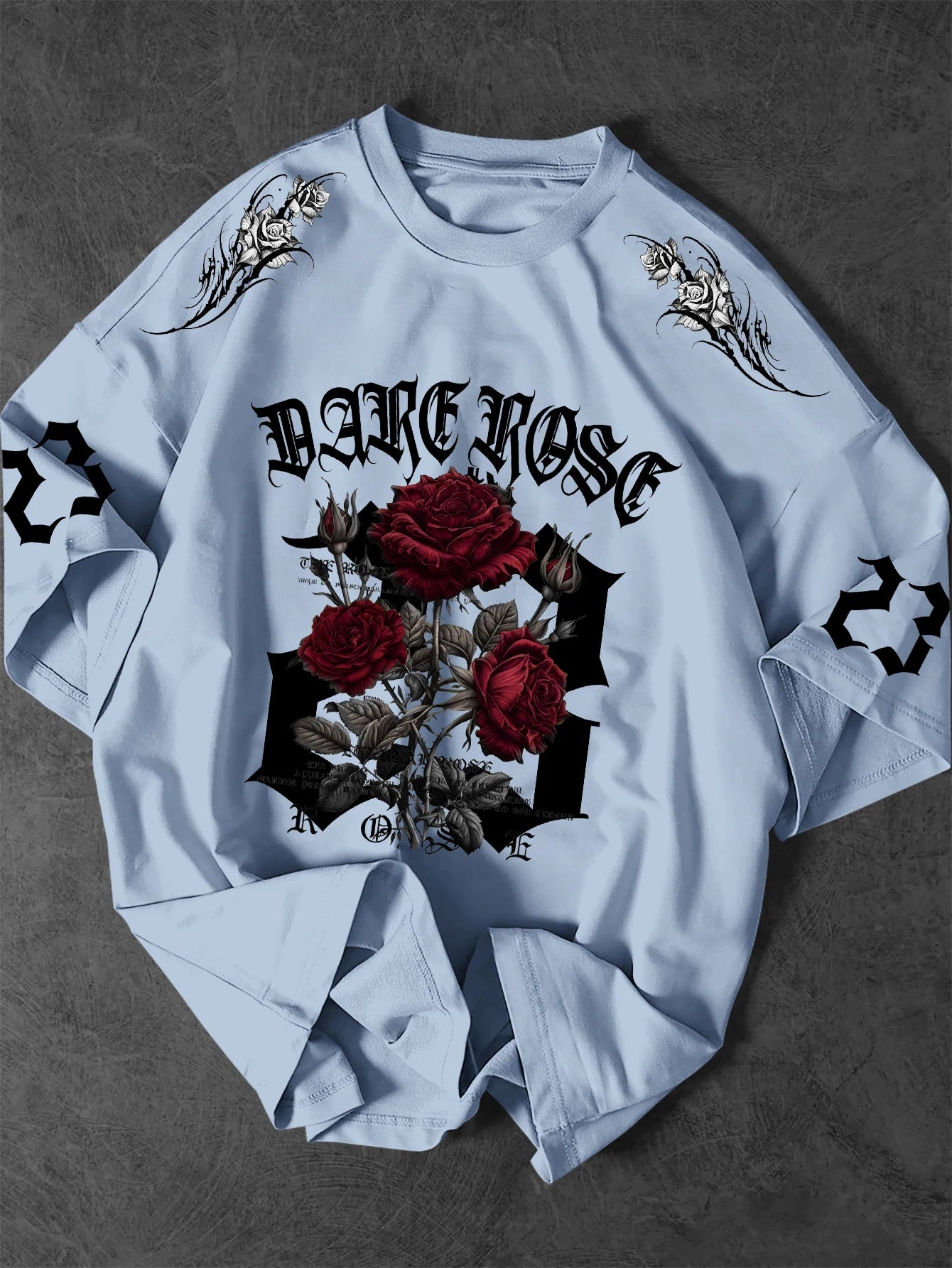 Dark Rose 23 Graphic T-Shirt Men Gothic Streetwear Crew Neck Short Sleeve Polyester Tops with Red Rose Bouquet Print S-2XL