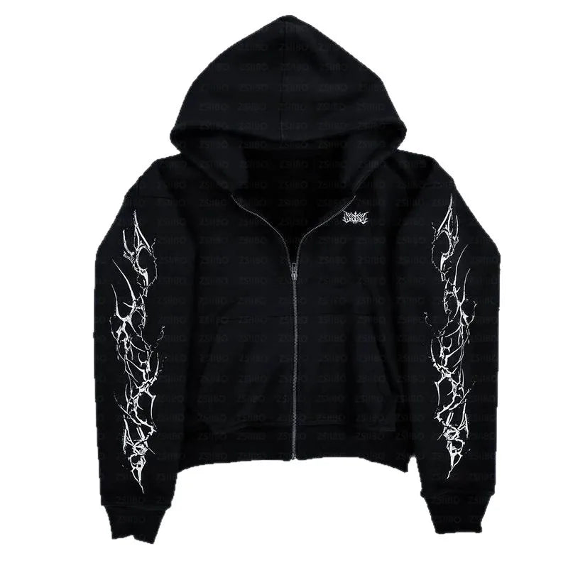 2025 new European and American retro punk complex design printed zipper cardigan hoodie trousers sweatpants suit street wear