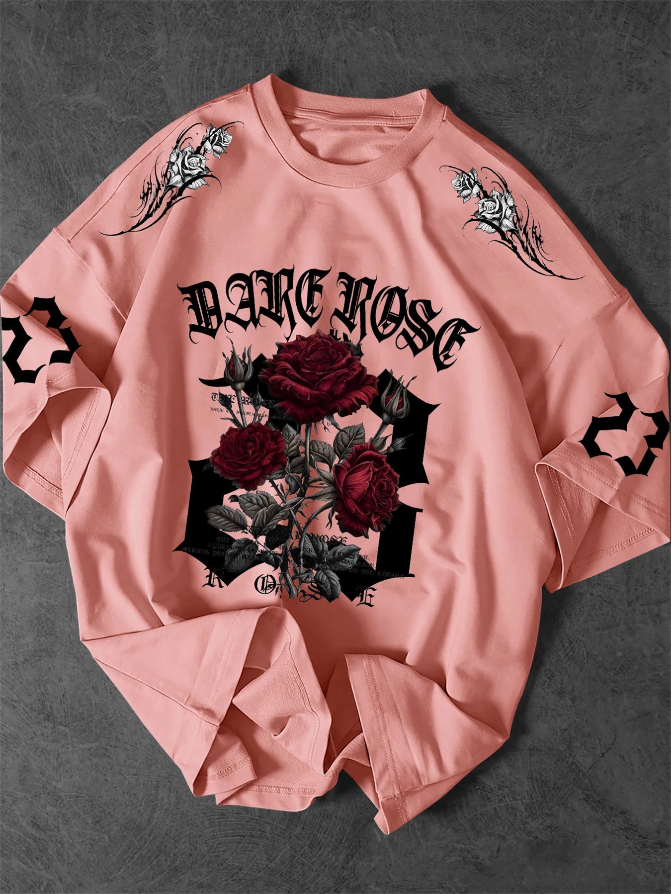 Dark Rose 23 Graphic T-Shirt Men Gothic Streetwear Crew Neck Short Sleeve Polyester Tops with Red Rose Bouquet Print S-2XL
